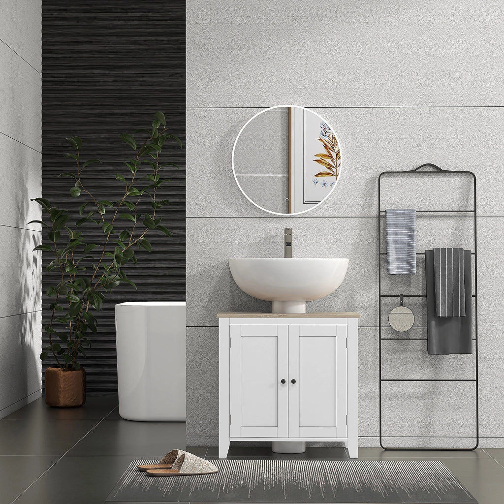 Mobile Sottolavabo Bagno con Intaglio a U Salvaspazio, Mobiletto in MDF con Ripiano Regolabile, 60x30x60 cm, Bianco e Legno