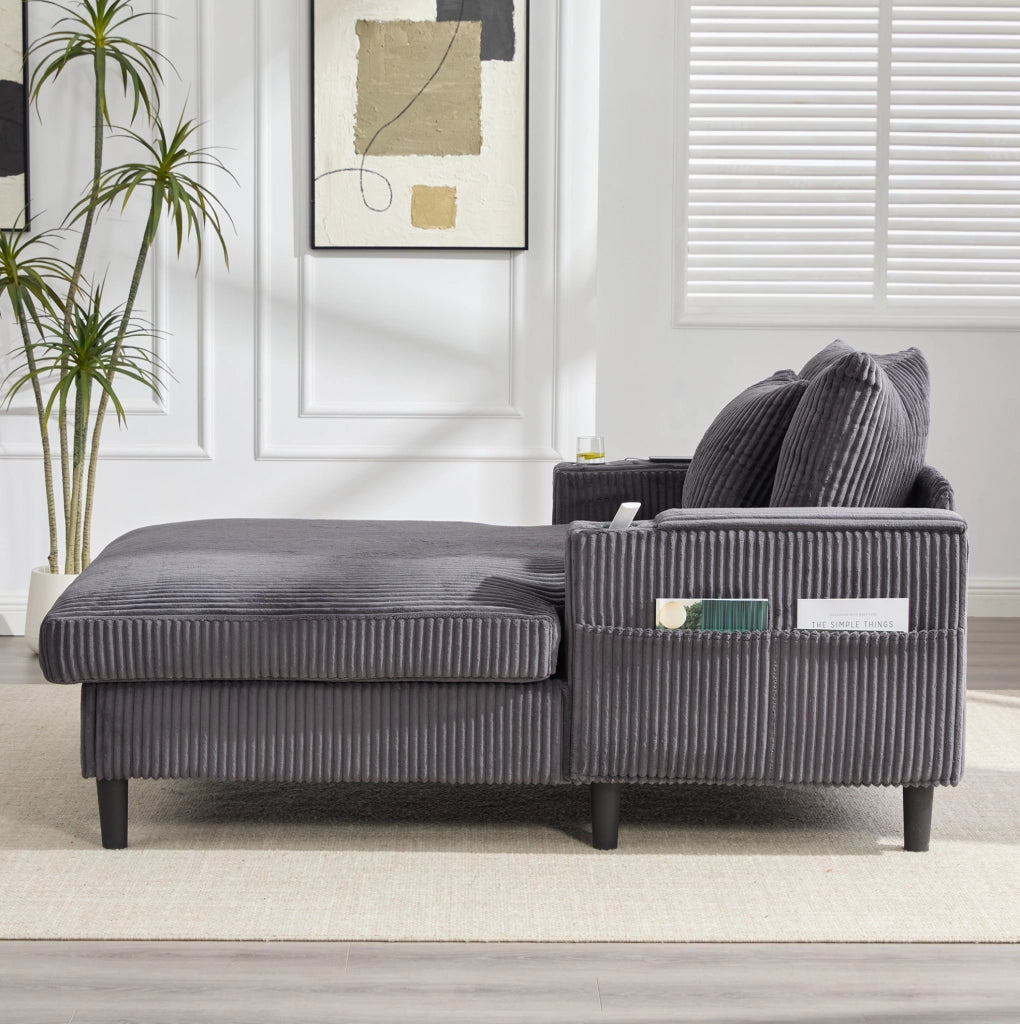 Chaise longue multifunzionale in velluto a coste con grande superficie reclinabile, porta bevande su entrambi i lati, illuminazione LED, tasca laterale, spazio contenitivo e porta USB, gambe in plastica resistenti
