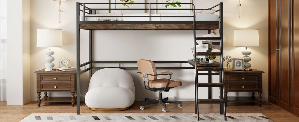 Letto a soppalco 90 × 200 cm con scrivania e scaffali in metallo e MDF nero con scala e sponde