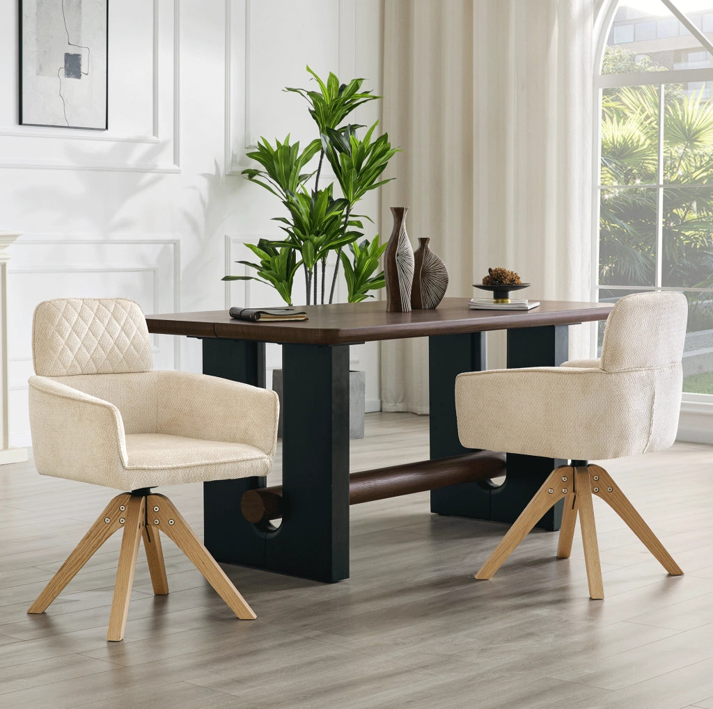Set 2 sedie da pranzo girevoli 360° in tessuto crema con gambe in legno massello HOMVRA