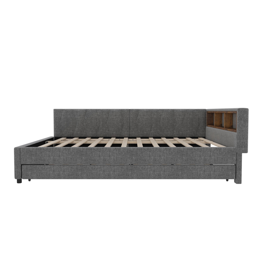 Letto 140x200 cm estraibile con LED, USB e USB-C in lino e MDF grigio