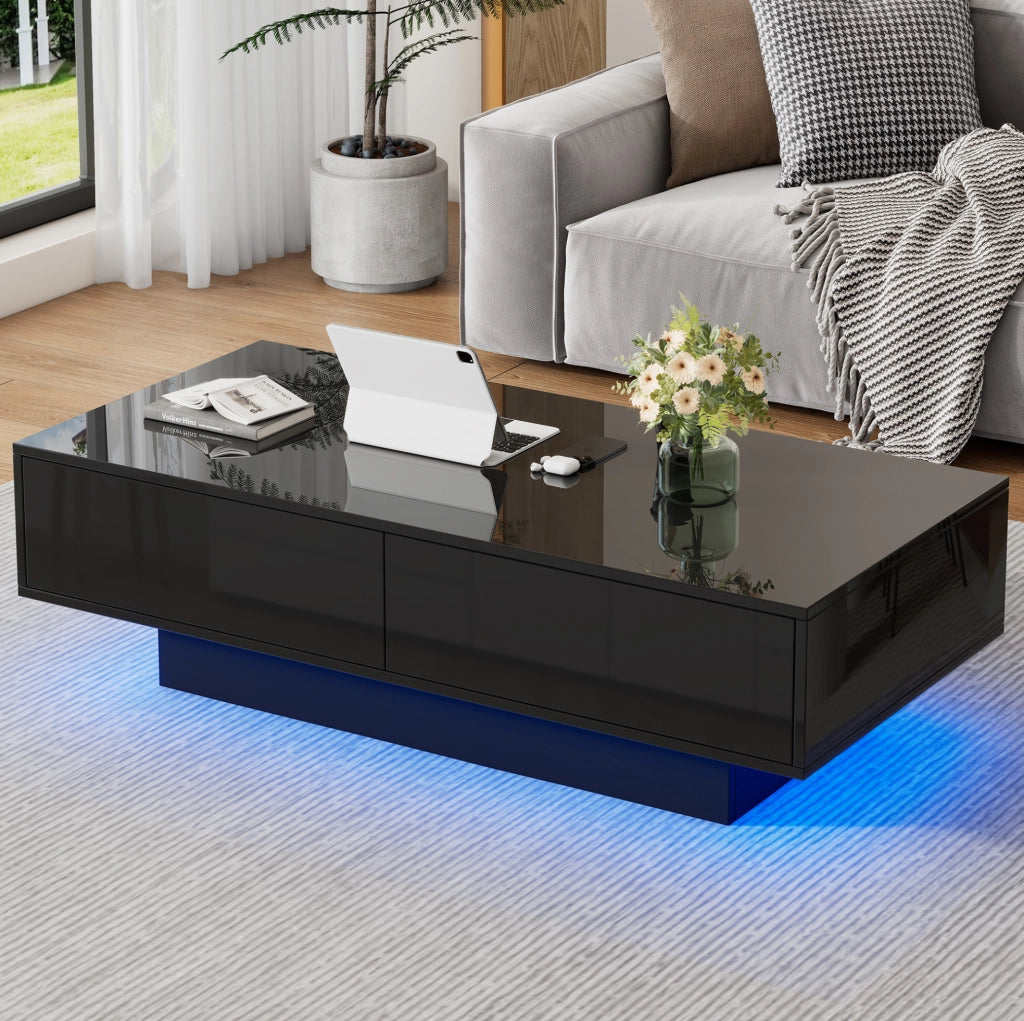 Tavolino da salotto nero lucido con LED e due cassetti