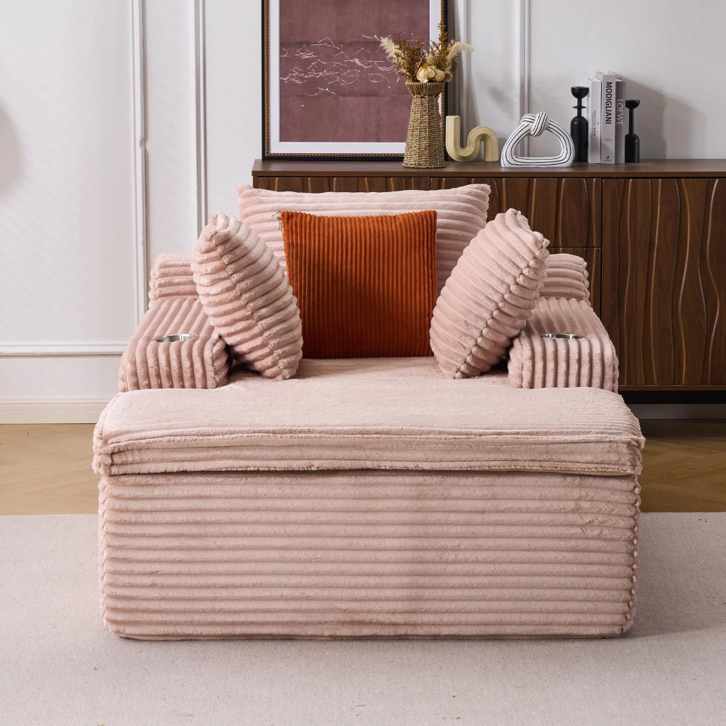 Divano letto moderno senza scheletro con chaise longue in velluto rosa, 3 cuscini e coperta inclusi, senza montaggio