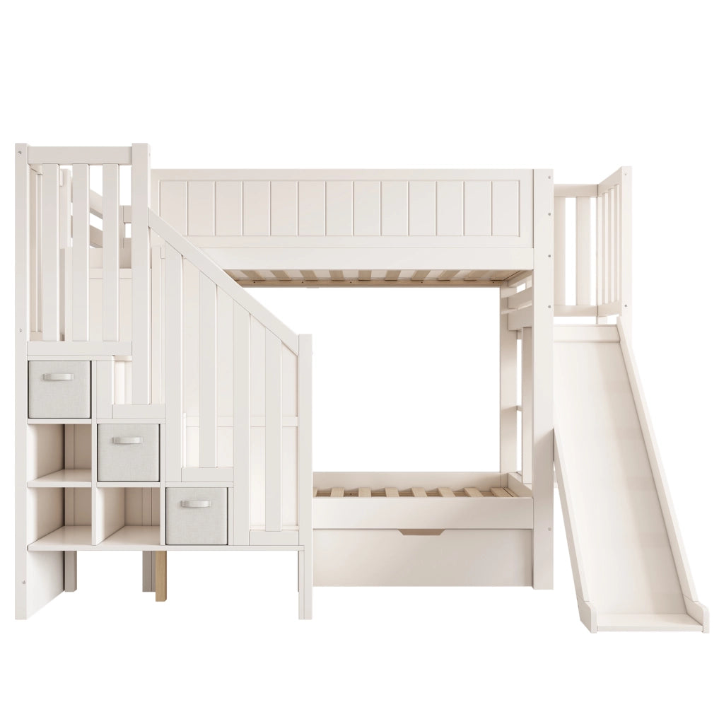 Letto a castello per bambini 90x200 cm con scivolo; scala-armadio e cassetti bianco HOMVRA