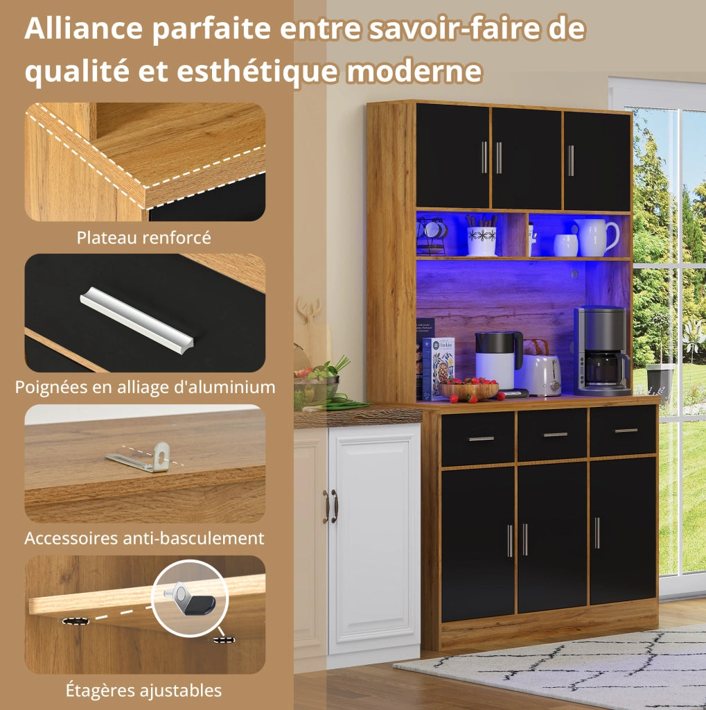 Buffet multifunzionale 100x40x180 cm con LED controllati da app, cassetti, ripiani regolabili e prese integrate, ideale per cucina e sala da pranzo