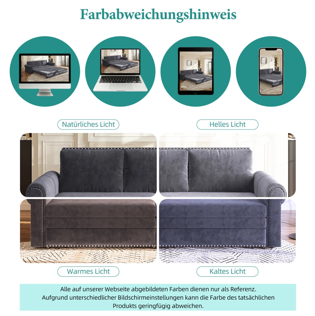 Divano letto estraibile ULEVR 238 cm 3 in 1 con schienali regolabili, velluto grigio e braccioli arrotondati