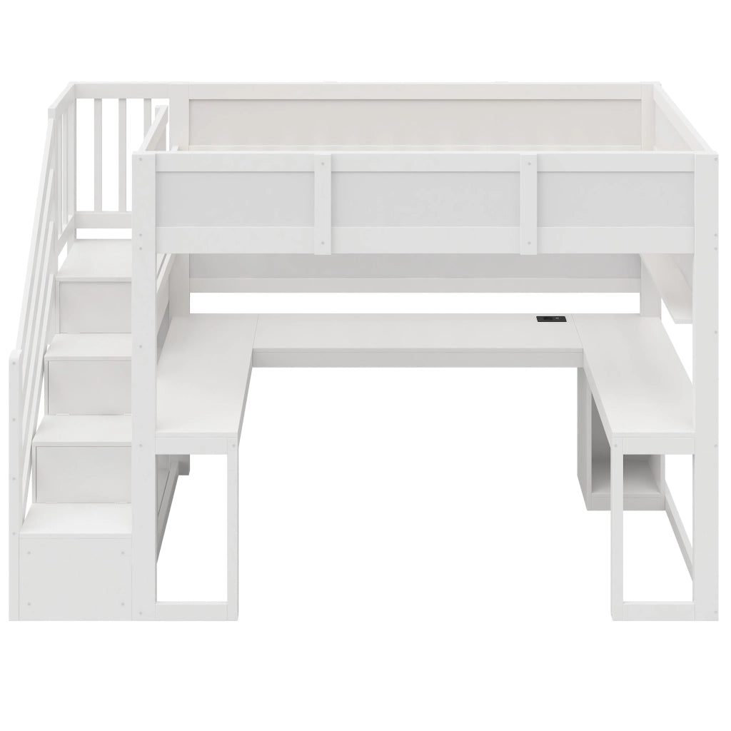 Letto a soppalco 90x200 cm con scrivania integrata e luci LED; bianco