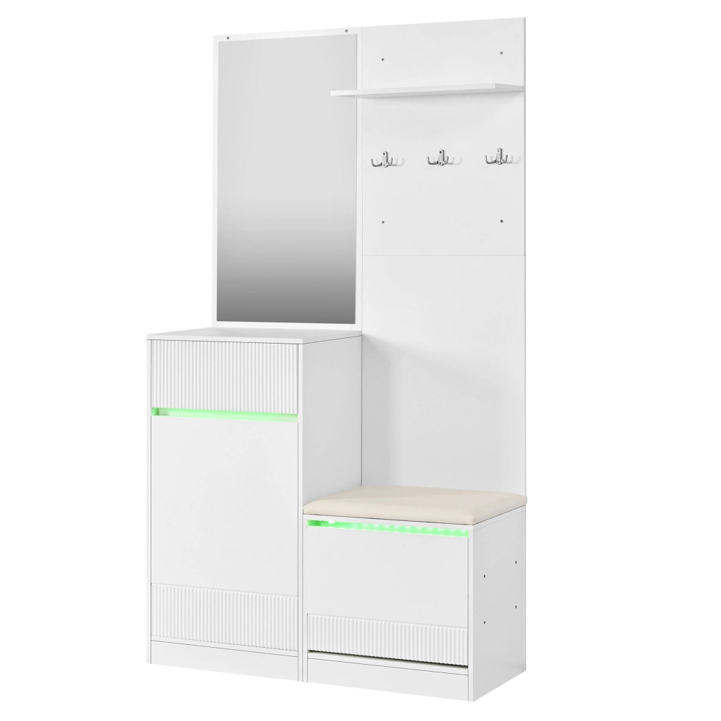 Mobile da ingresso con scarpiera, panca, specchio, ganci e LED controllabile tramite app, bianco, 105 × 38 × 190 cm