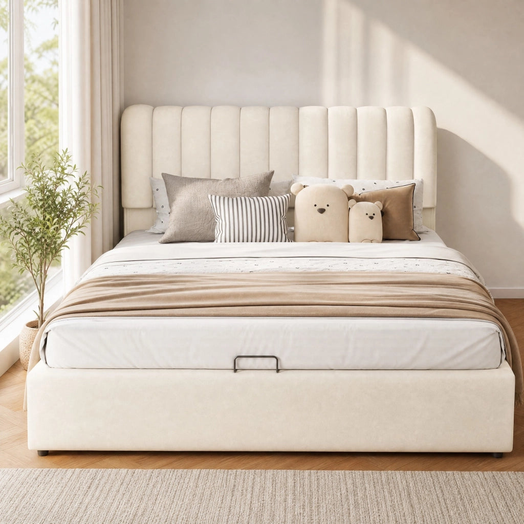 Letto per bambini imbottito 140 × 200 cm con vano contenitore idraulico 3 cassetti velluto beige LED