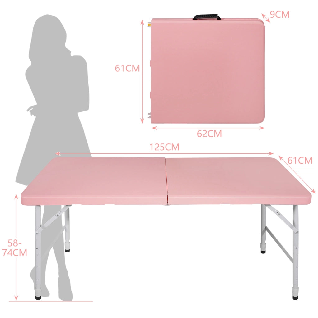 Tavolo pieghevole 125x61 cm, plastica rosa, struttura in acciaio, altezza regolabile