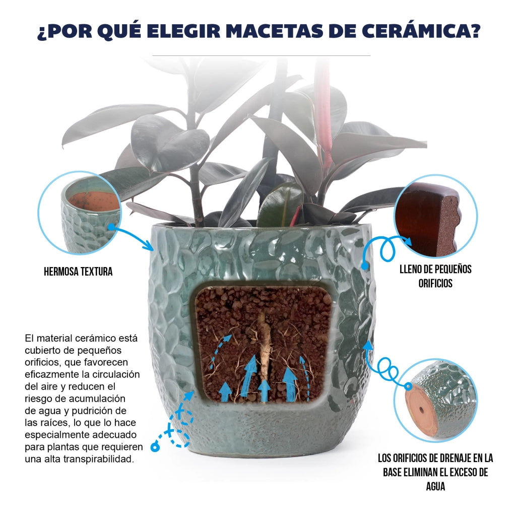Vaso da pavimento in gres Ø 38 cm verde scuro lucido con rilievo martellato e foro di drenaggio per piante grandi