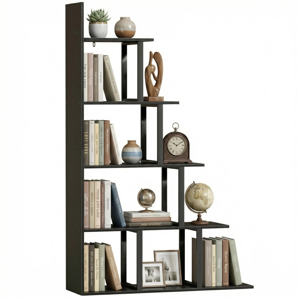 Scaffale libreria a scala 5 ripiani divisorio per ambienti stile industriale robusto e moderno per casa nero 102 x 30 x 160 cm