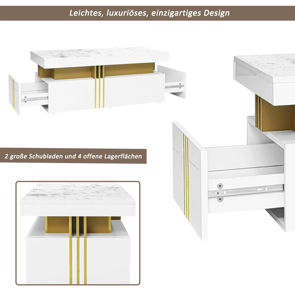 Set mobile TV e tavolino da caffè bianco; piano effetto marmo; 5 cassetti