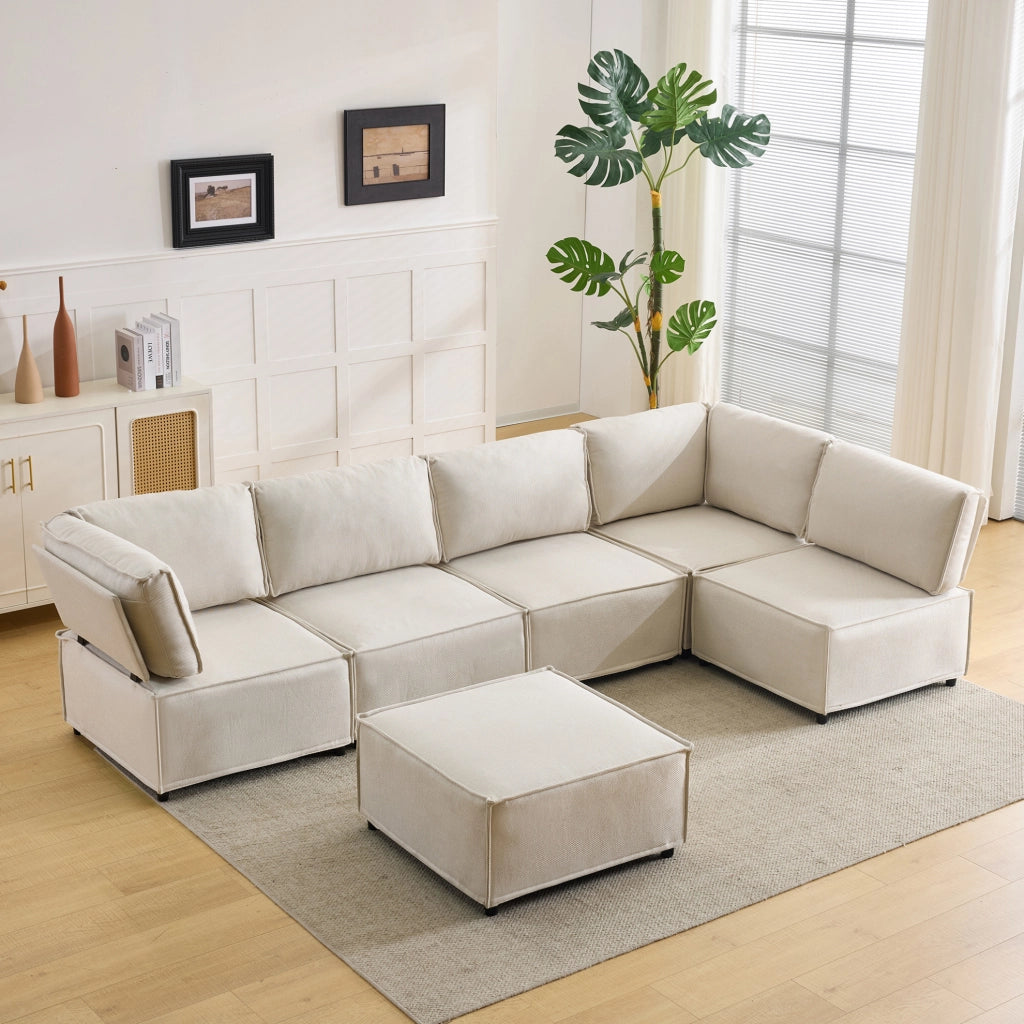 Divano angolare modulare 308x152x77 cm in legno e lino beige convertibile
