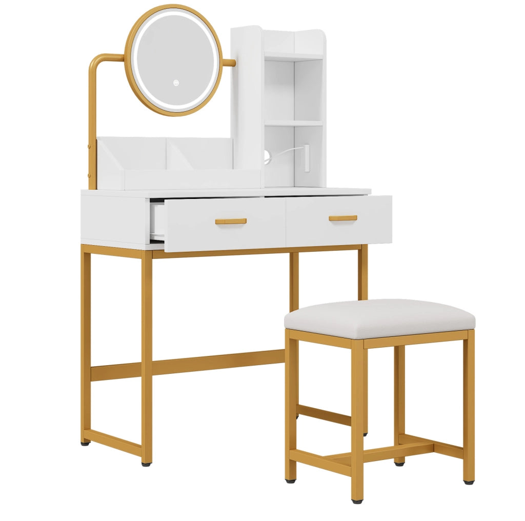 Toeletta 80x40x138,5 cm in truciolare con specchio LED, USB e sgabello bianco e oro