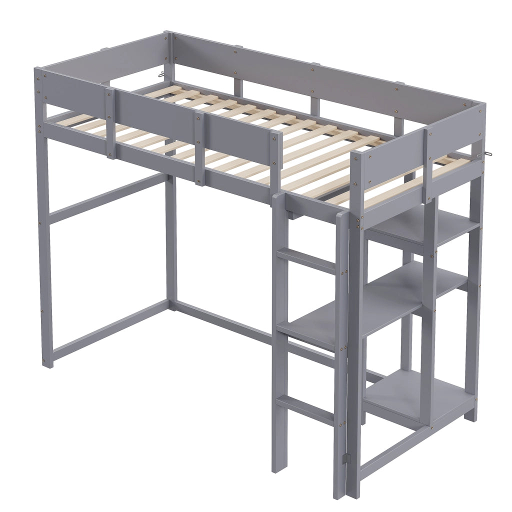 Letto a soppalco 90 × 200 cm con ripiano integrato rete a doghe in legno grigio con protezioni laterali