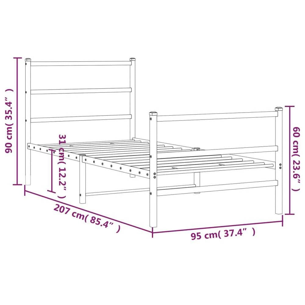 Bed Frame With Headboard And Footboard, Metal, Black, 90x200 Cm
