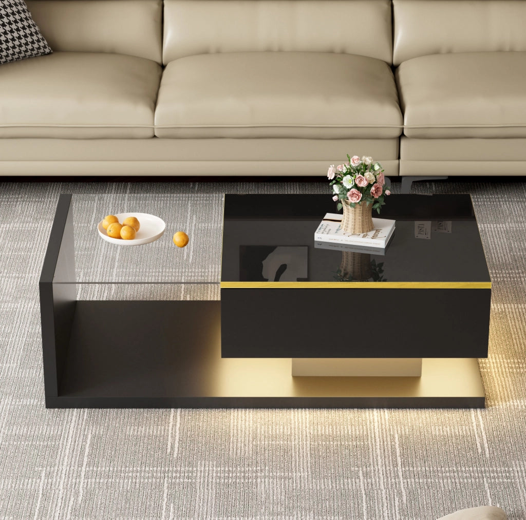 Tavolino da caffè 100x50 cm in truciolare nero lucido con piano in vetro e LED
