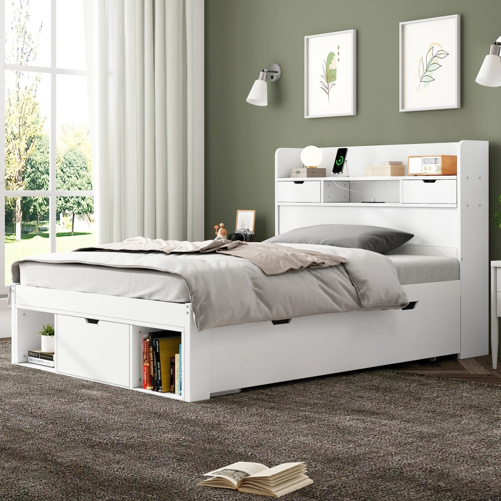 Letto singolo 90×200 cm con cassetti; armadio; USB e Type-C; rete inclusa; senza materasso; legno; bianco