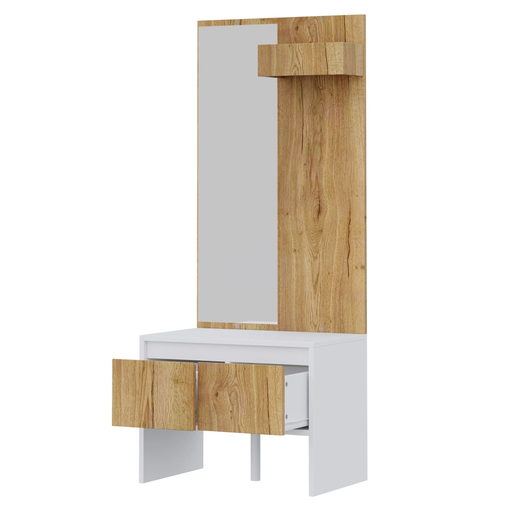 Set appendiabiti con specchio, panca porta scarpe e 2 cassetti, 60×38×145 cm, bianco e naturale