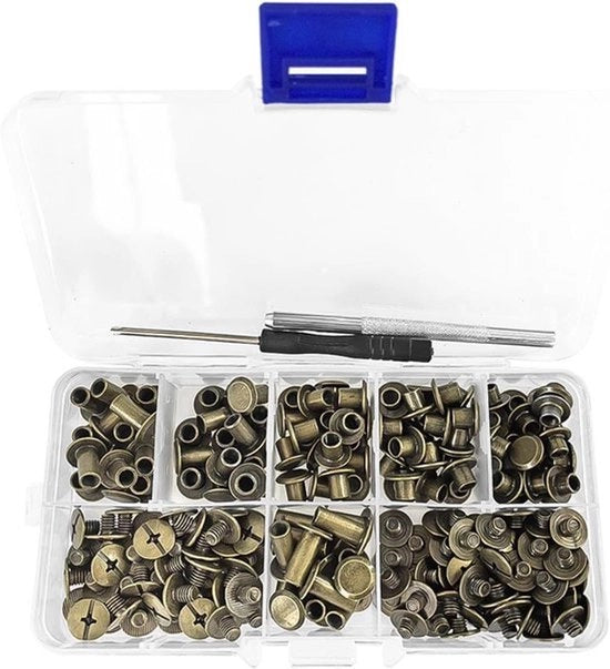 Ferramenta per Legatura Libri - DIY - Colore Bronzo - Viti a Gancio - Tazze Decorative per Libri Artigianato - Adatto per Lavori di Pelle Accessori per Cinture e Colletti - 110 pezzi Set - Dimensioni 4 5 6 8 10 12 mm