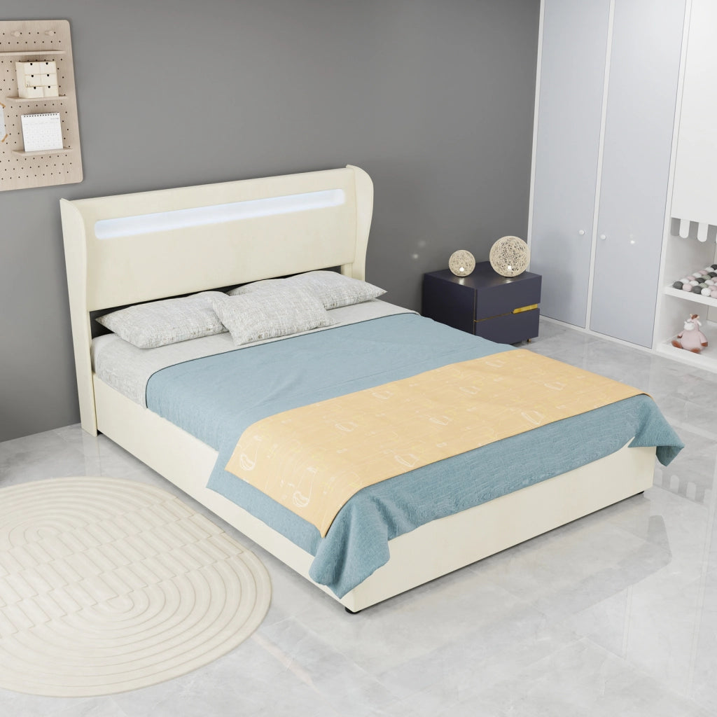 Letto contenitore matrimoniale 140 × 200 cm 2 posti con LED regolabile e base sollevabile, senza materasso, beige
