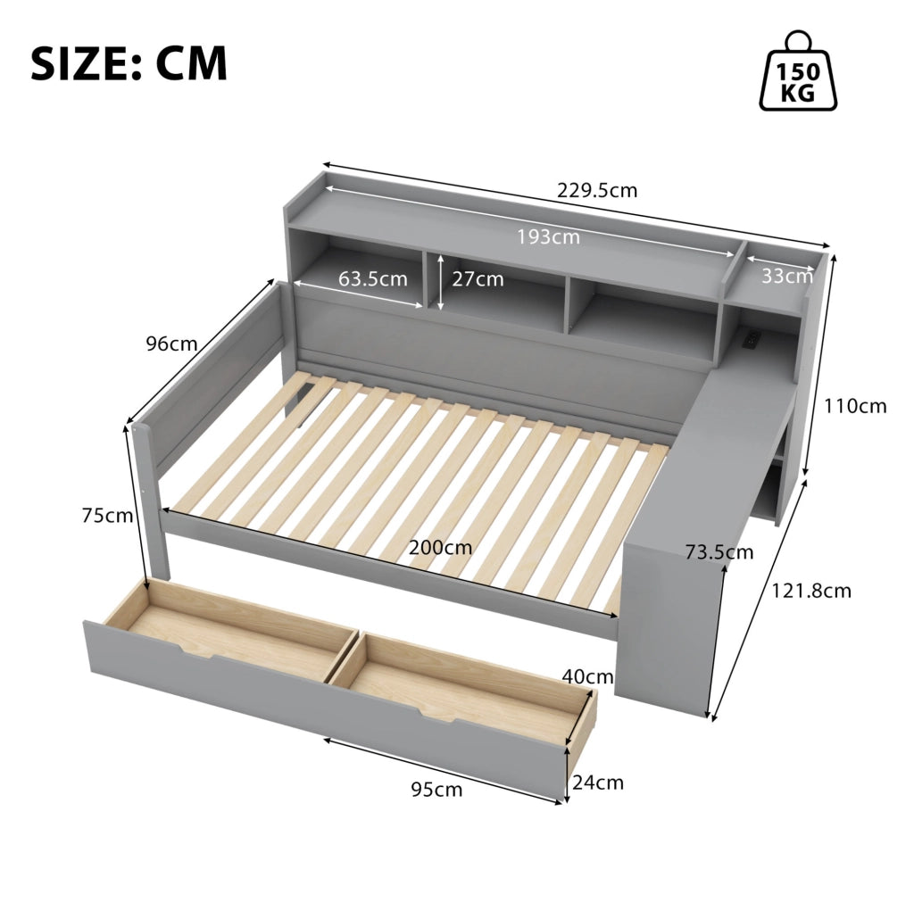 Letto singolo multifunzione 90x200 cm con scrivania; 2 cassetti; prese USB; grigio