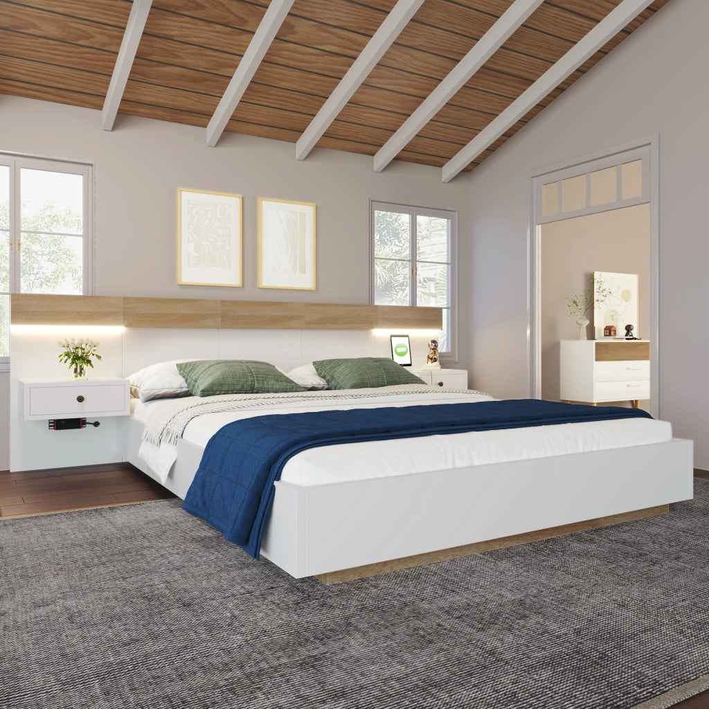Set letto completo; 180x200cm; con 2 comodini LED e USB C; bianco quercia
