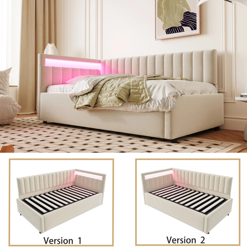Letto sofà imbottito 90x200 cm con LED, contenitore idraulico, rivestimento in velluto beige