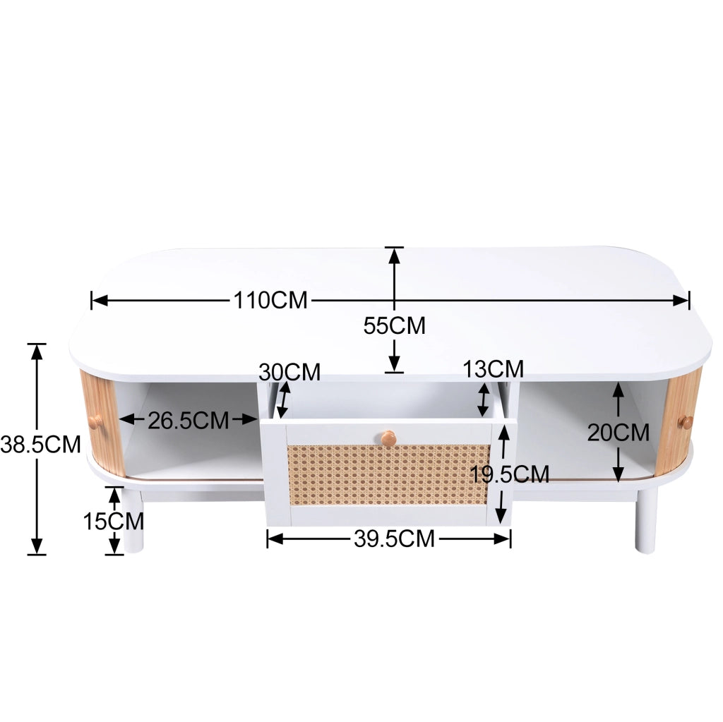 Tavolino da caffè in rattan con ante in legno massello, 110x55x38,5 cm, bianco e legno naturale