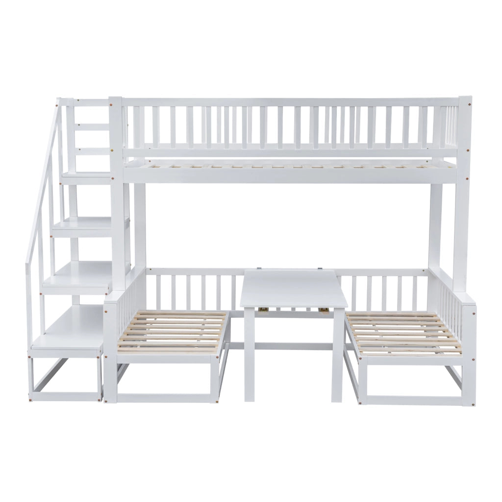 Letto a castello 90 × 200 cm e 120 × 200 cm, 3 posti con tavolo regolabile e divano, senza materasso, bianco