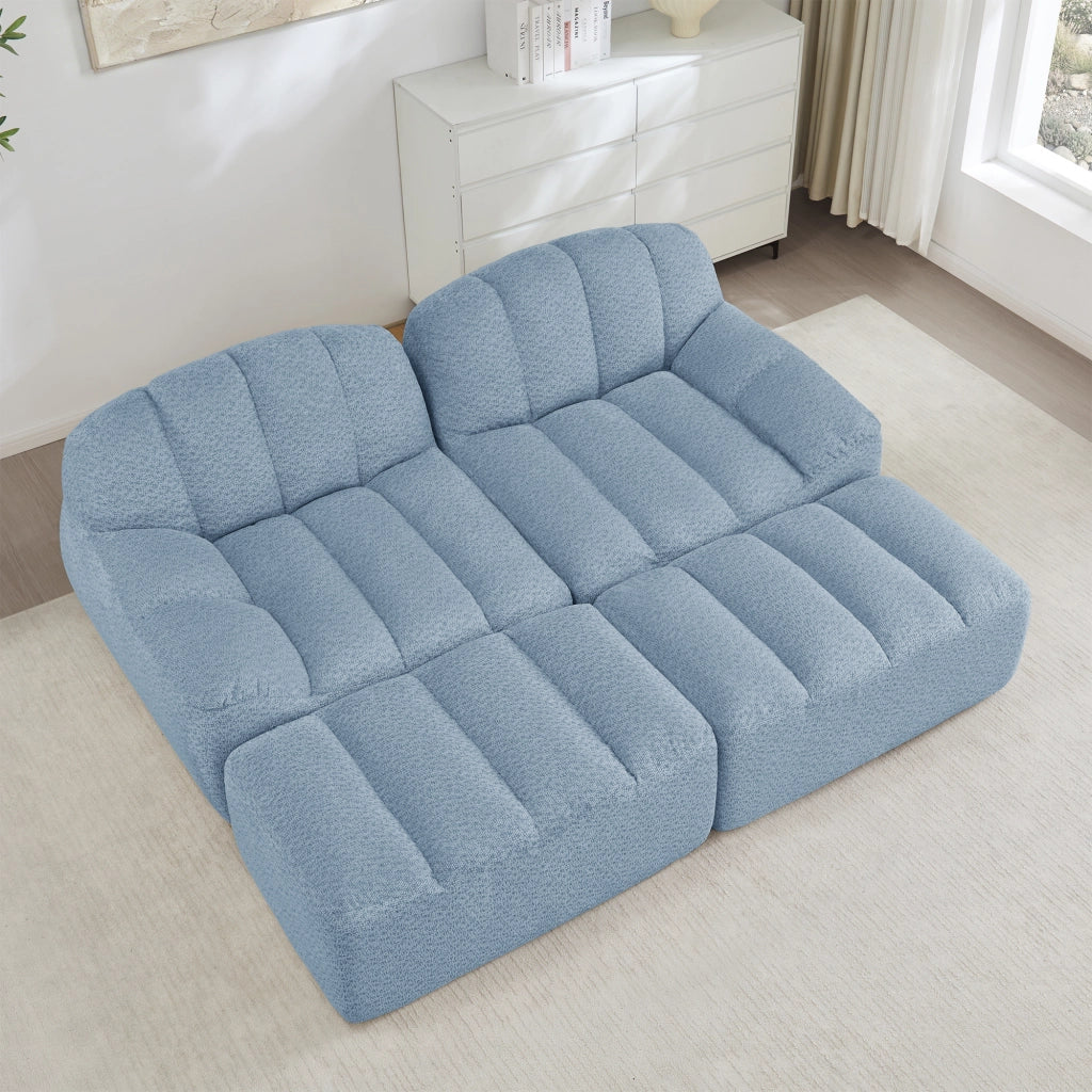 Divano modulare senza struttura rigida in pile granulato blu con moduli antiscivolo configurabile a U L o 2 posti