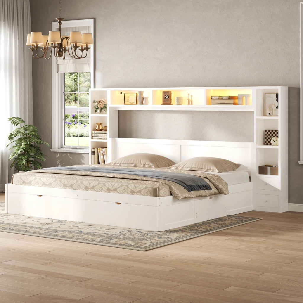 Letto Contenitore Imbottito 180x200 cm con Cassetti; LED; Bianco