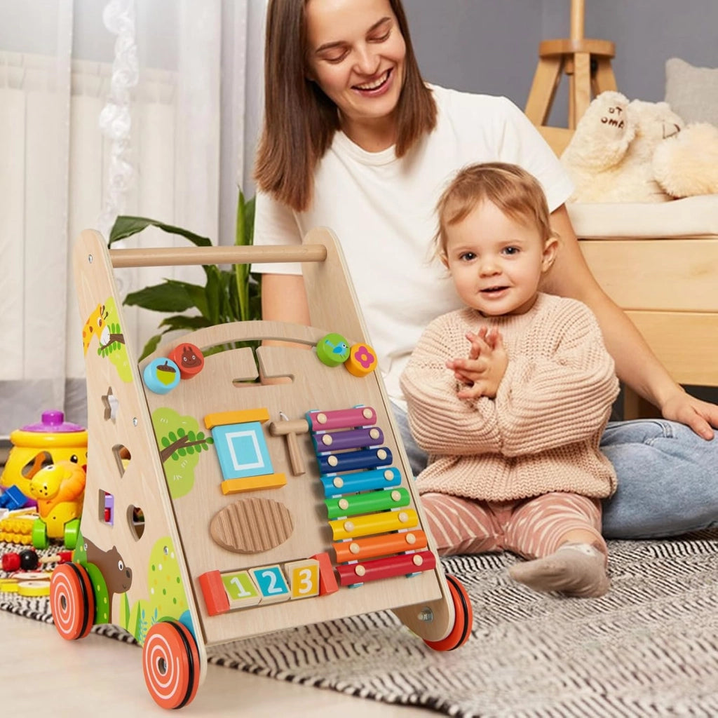7 in 1 Girello per Bambini in Legno, Carrellino Primi Passi con Manico, Contenitore e Ruote, Giocattolo Montessori da Spingere e Tirare, Gioco Educativo per Bambini 3 + Anni (Modello 2)