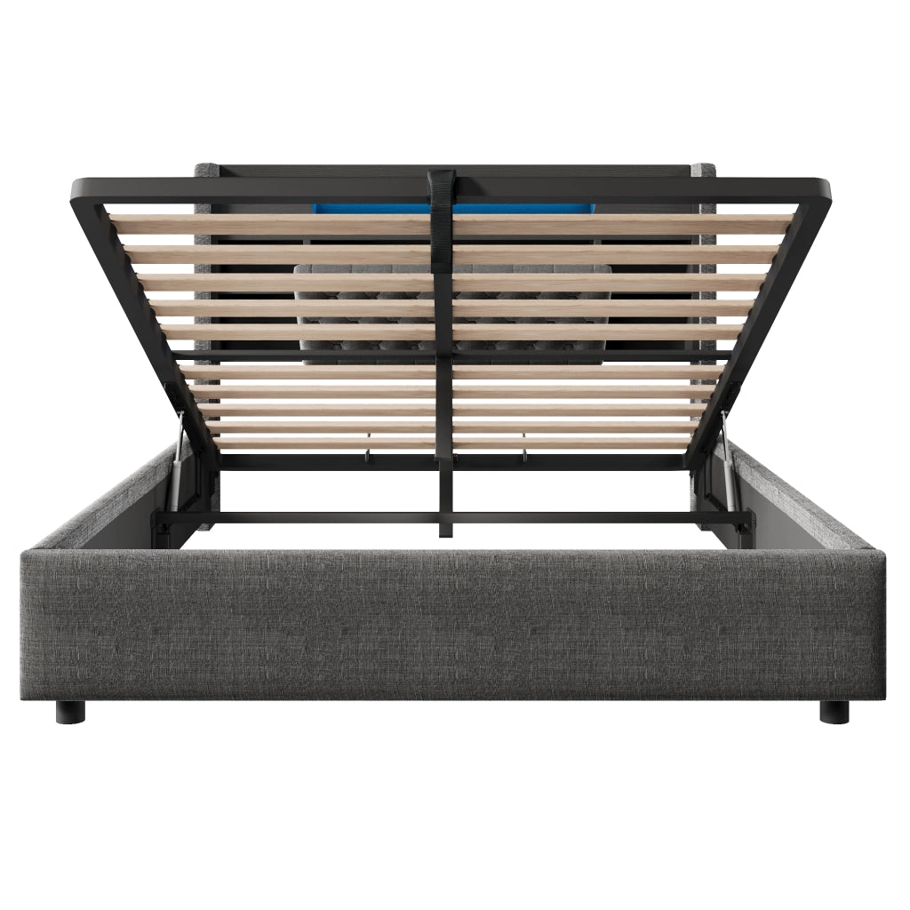 Letto imbottito 160 × 200 cm con contenitore idraulico LED USB e USB-C testiera con ripiani grigio