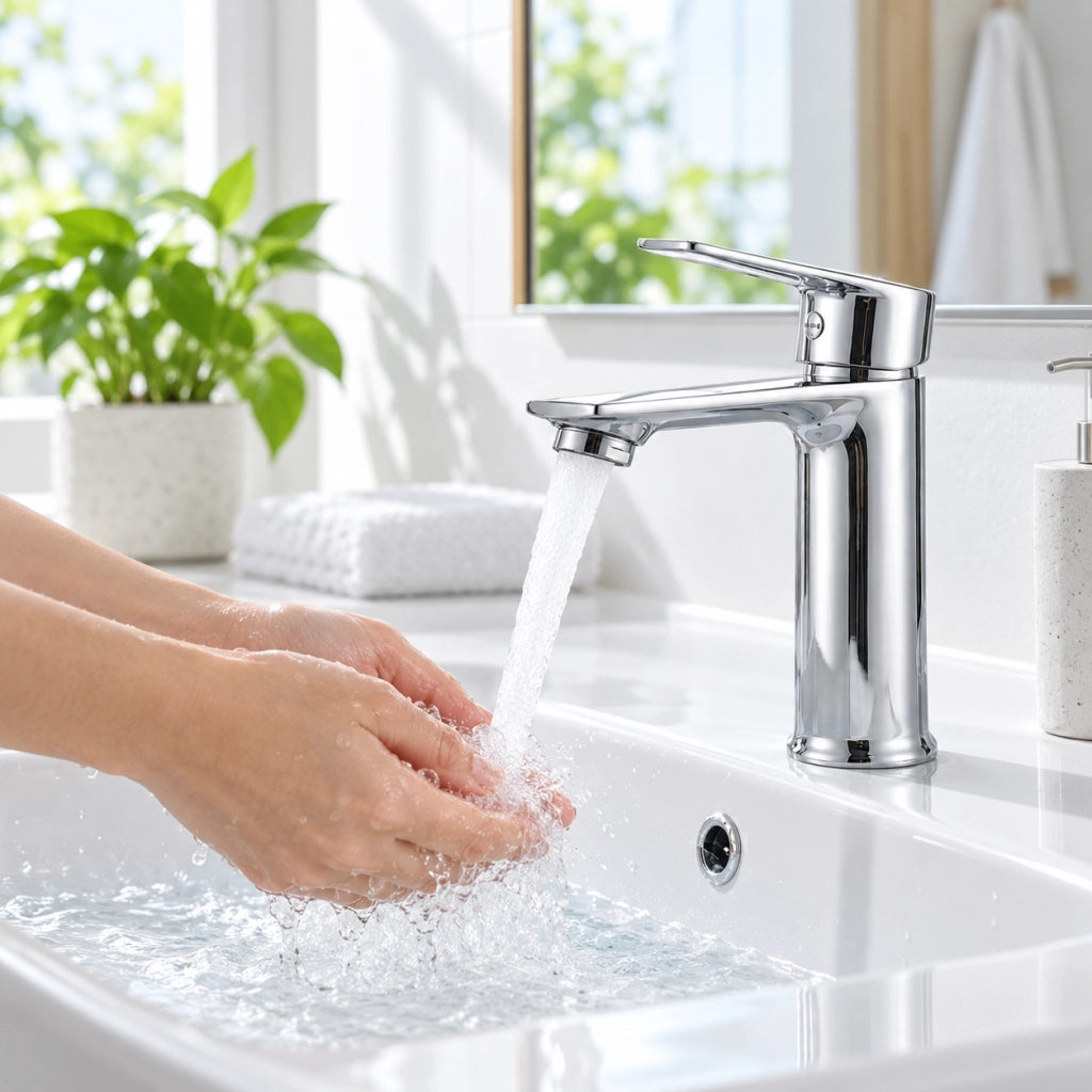 Miscelatore rubinetto lavabo bagno cromato lucido, corpo in ottone, cartuccia ceramica, aeratore antispruzzo, acqua calda/fredda, altezza 17 cm