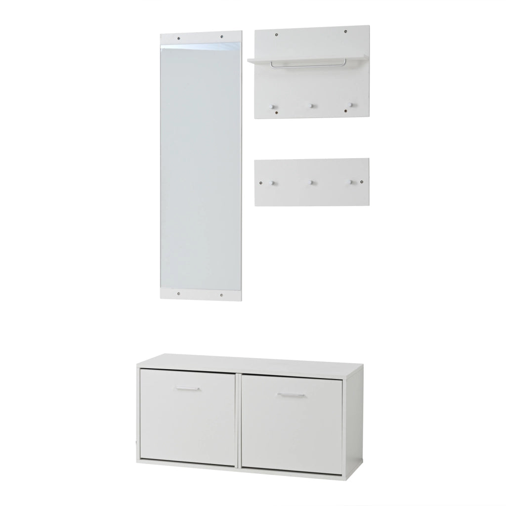 Mobile da ingresso 4 pezzi con specchio, scarpiera a 4 ripiani e 6 ganci, in truciolare, bianco, 90 × 30 × 41,5 cm