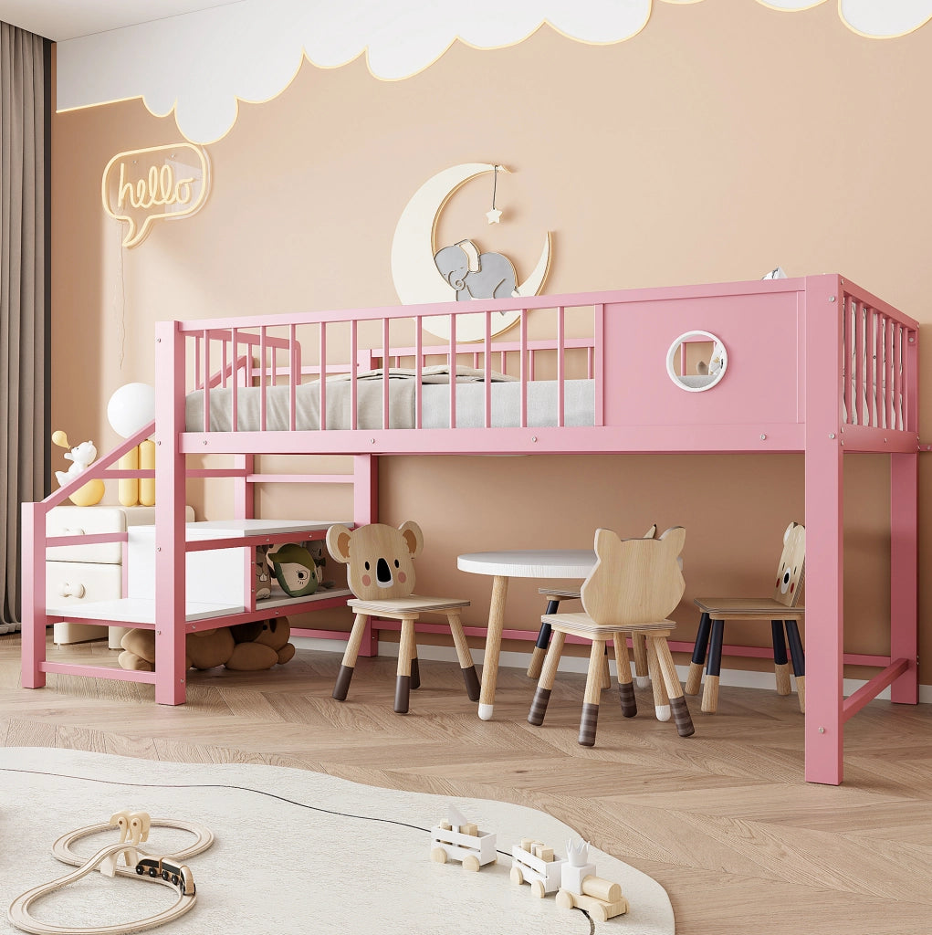 Letto a soppalco basso per bambini 90x200 cm con struttura in metallo rosa e scaletta con contenitore