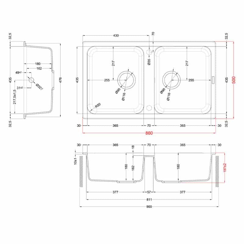 Lavello Elleci Incasso 2 vasche 86x50 Life 450 Granitek Grigio Cemento LG245048