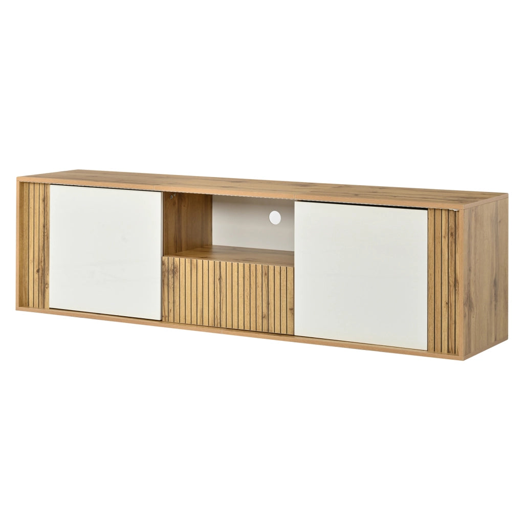 Mobile Porta TV 180 cm per 75 Pollici con Luci LED; Bianco e Legno; 1 Cassetto e 2 Ante