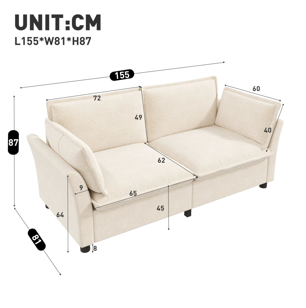 Divano compatto beige a 2 posti in ciniglia con 2 cuscini