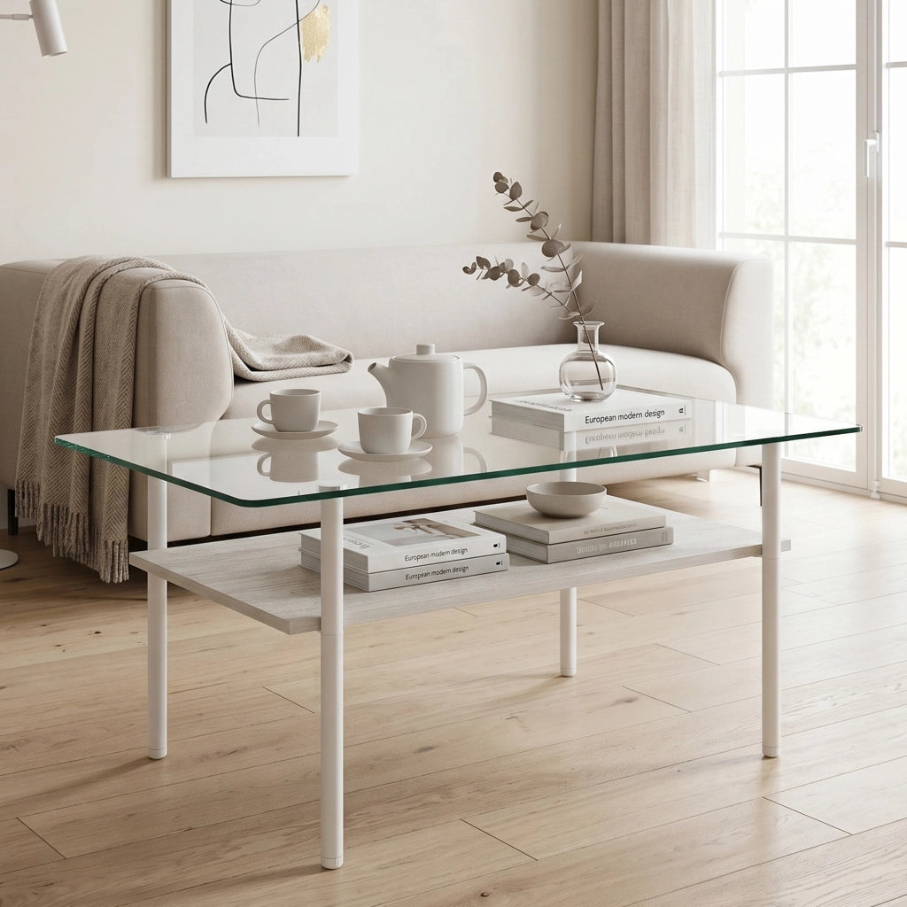 Tavolino basso fisso con piano in vetro temprato; ripiano in MDF e struttura in metallo bianco per soggiorno
