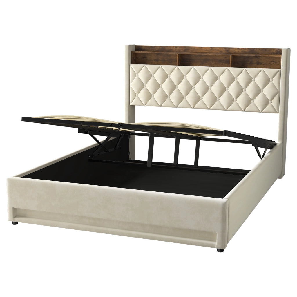 Letto contenitore 160x200 cm con LED; porte USB e prese; testiera con mensola; rete a doghe; velluto beige