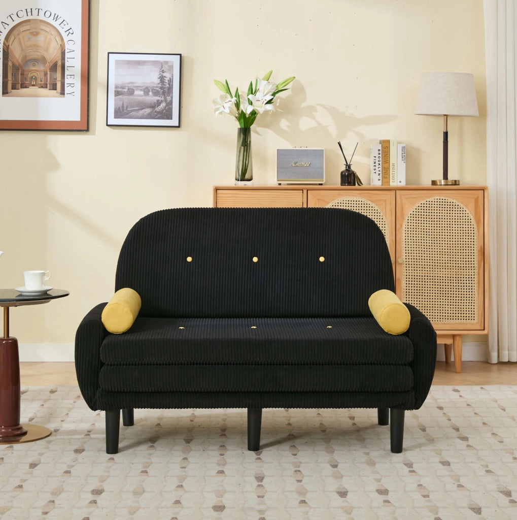 Divano Loveseat nero in velluto con struttura in metallo, schienale regolabile e cuscini cilindrici