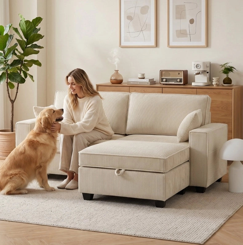 Divano angolare ULEVR 3 posti beige in velluto a coste con pouf contenitore e imbottitura a molle