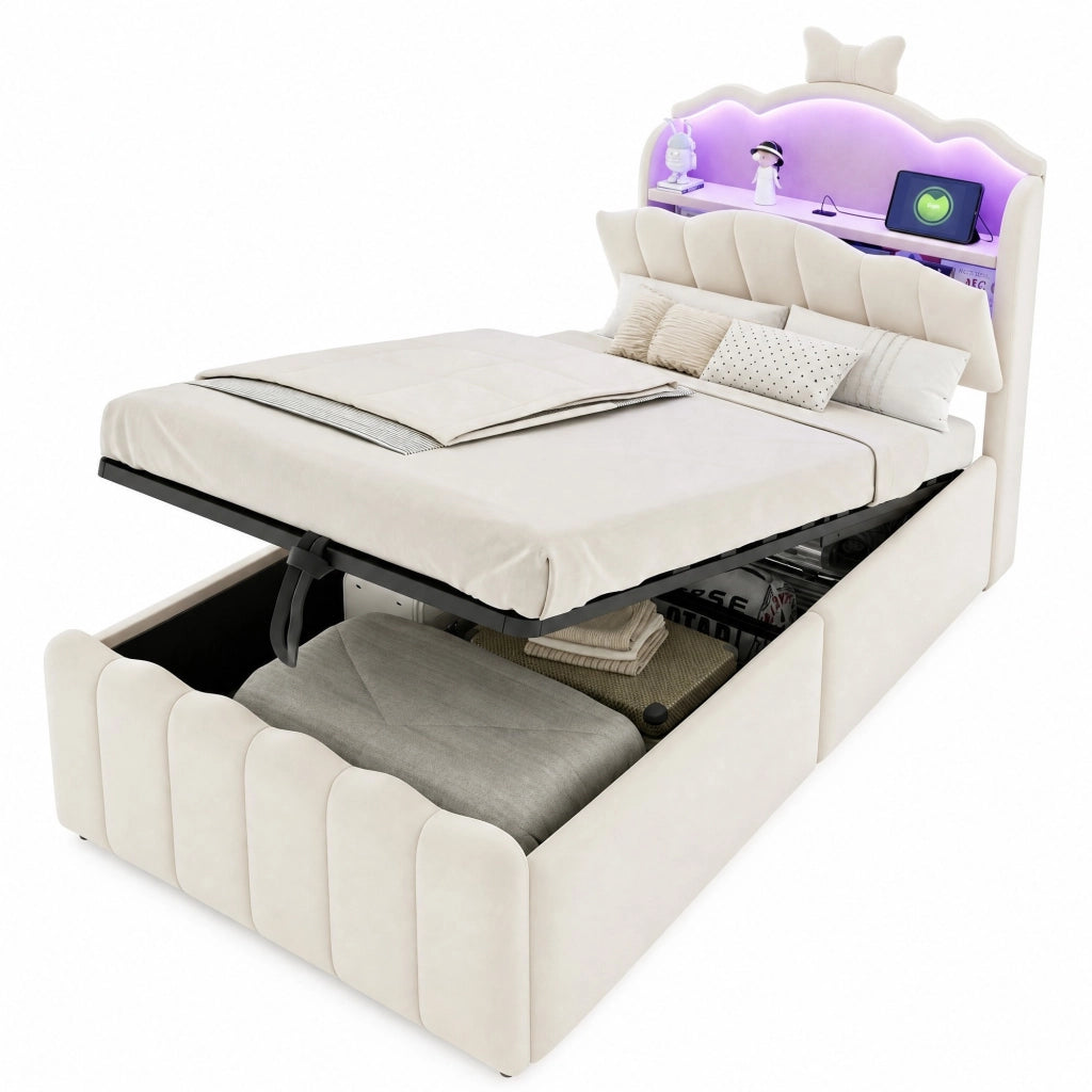 Letto per bambini imbottito 90 × 200 cm con contenitore idraulico testiera LED USB e USB C in velluto beige