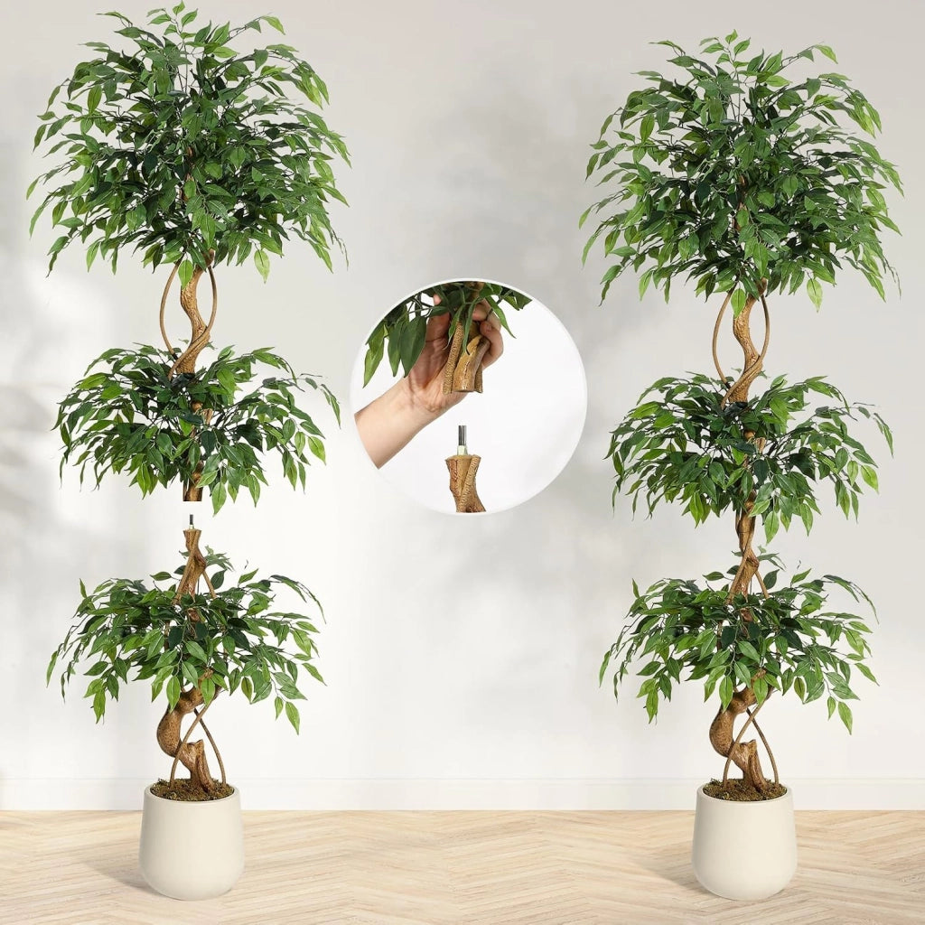 Ficus Lyrata Artificiale 180 cm con Tronco Curvo Foglie in Seta e Vaso Bianco