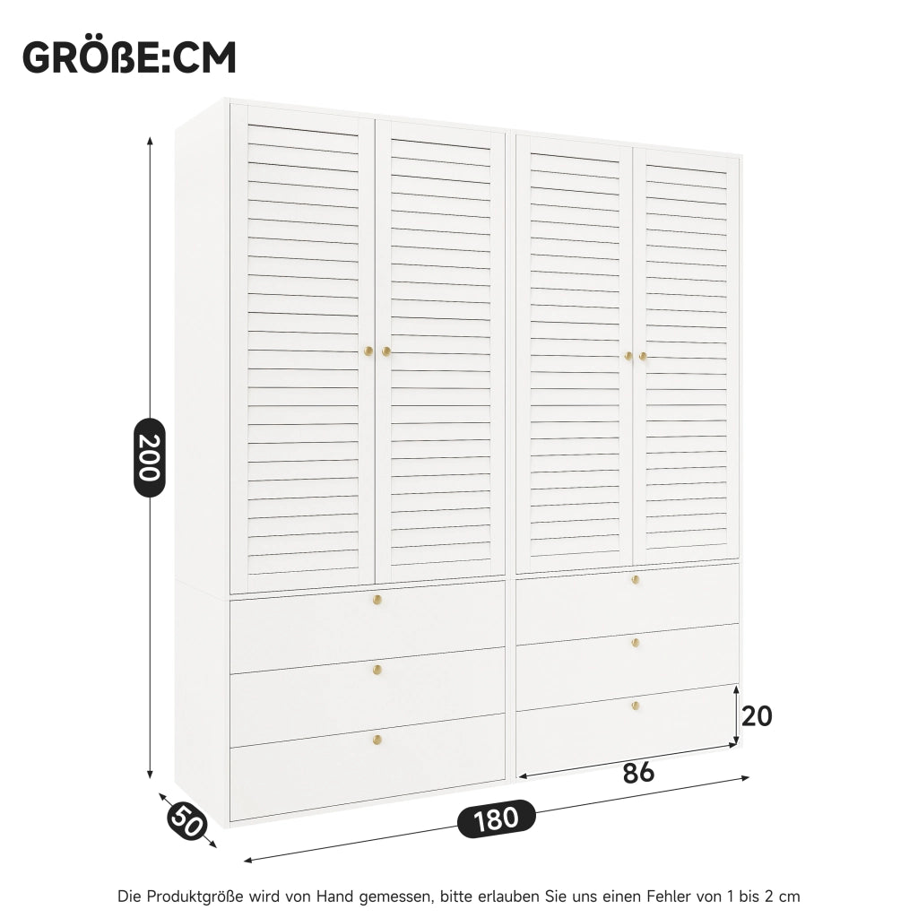 Armadio 4 ante 180 × 50 × 200 cm con 6 cassetti e 2 appendiabiti in pannello truciolare bianco