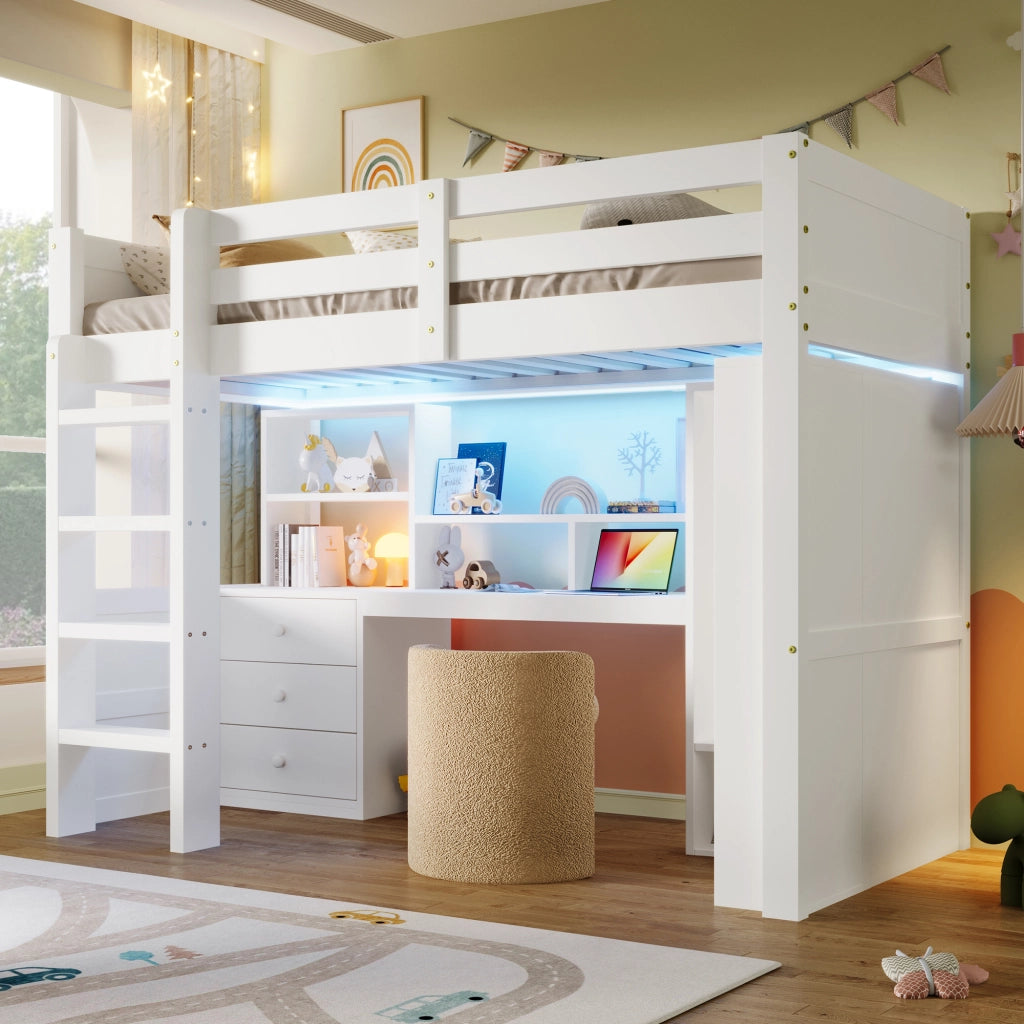 Letto a soppalco 90 × 200 cm con scrivania armadio cassetti LED e ripiani in legno bianco