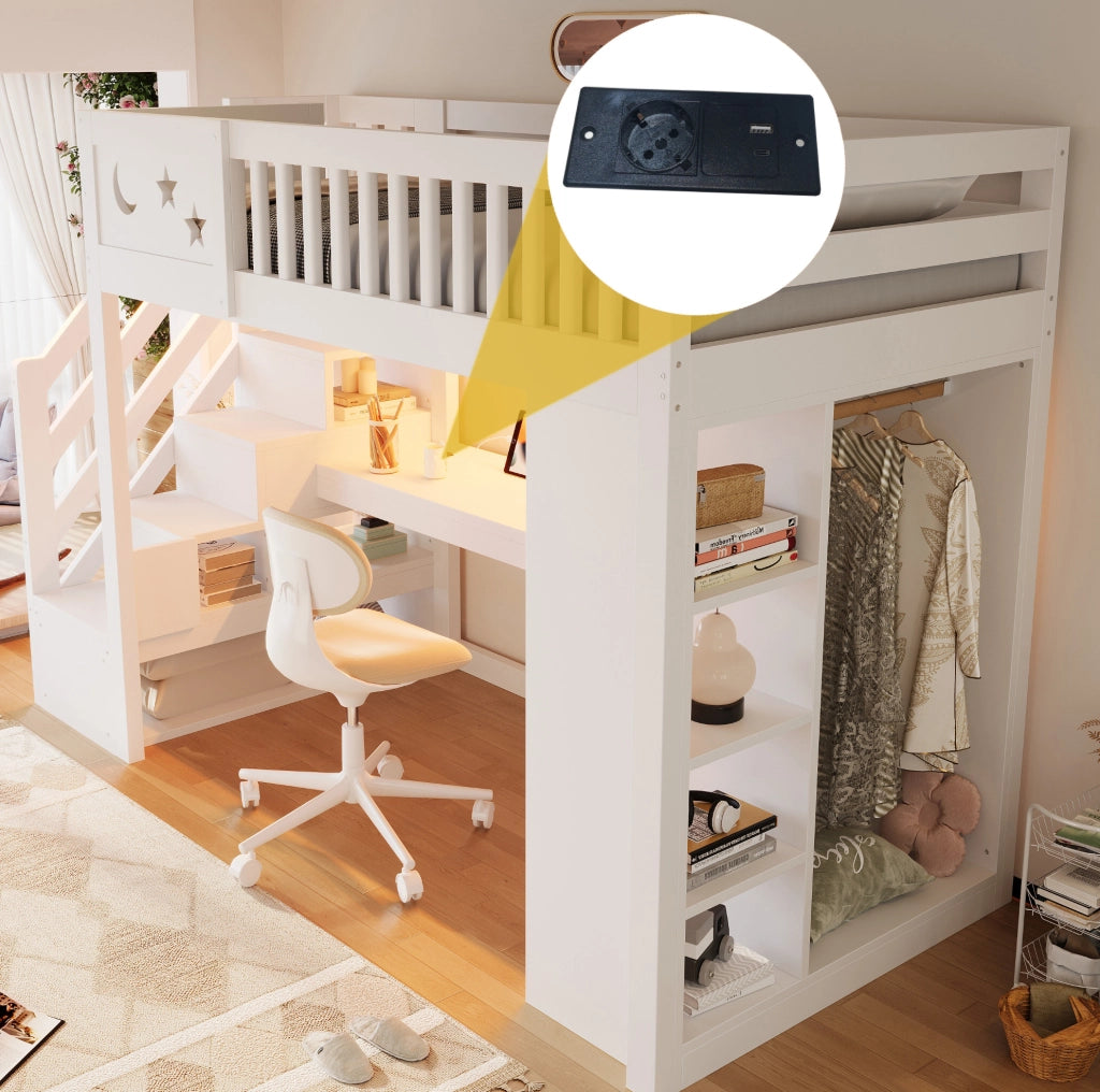 Letto a soppalco ULEVR 90x200 cm con scrivania, LED, prese e scala contenitore, bianco e colore legno